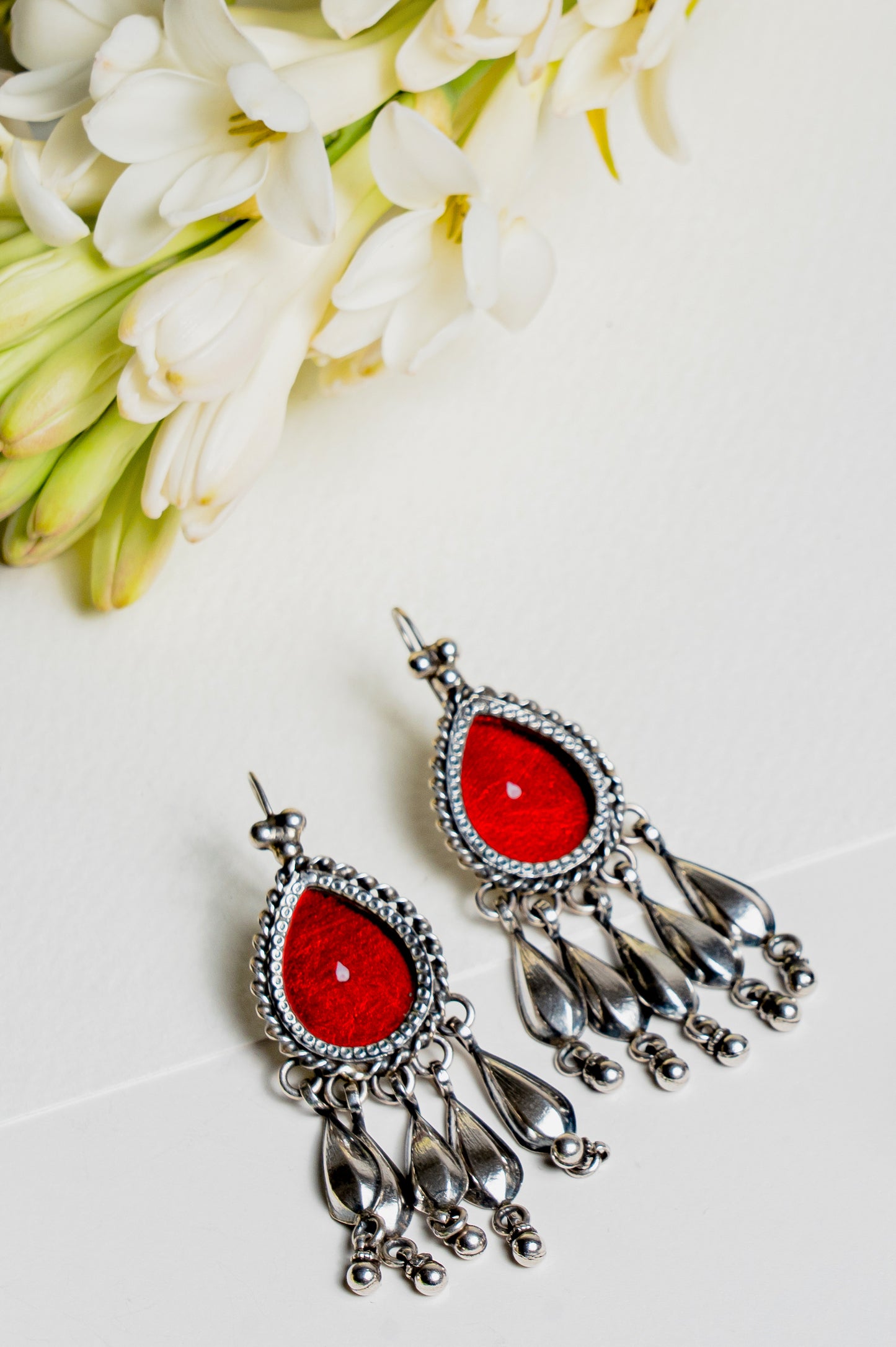 Red Tassle Drops - 925 Silver