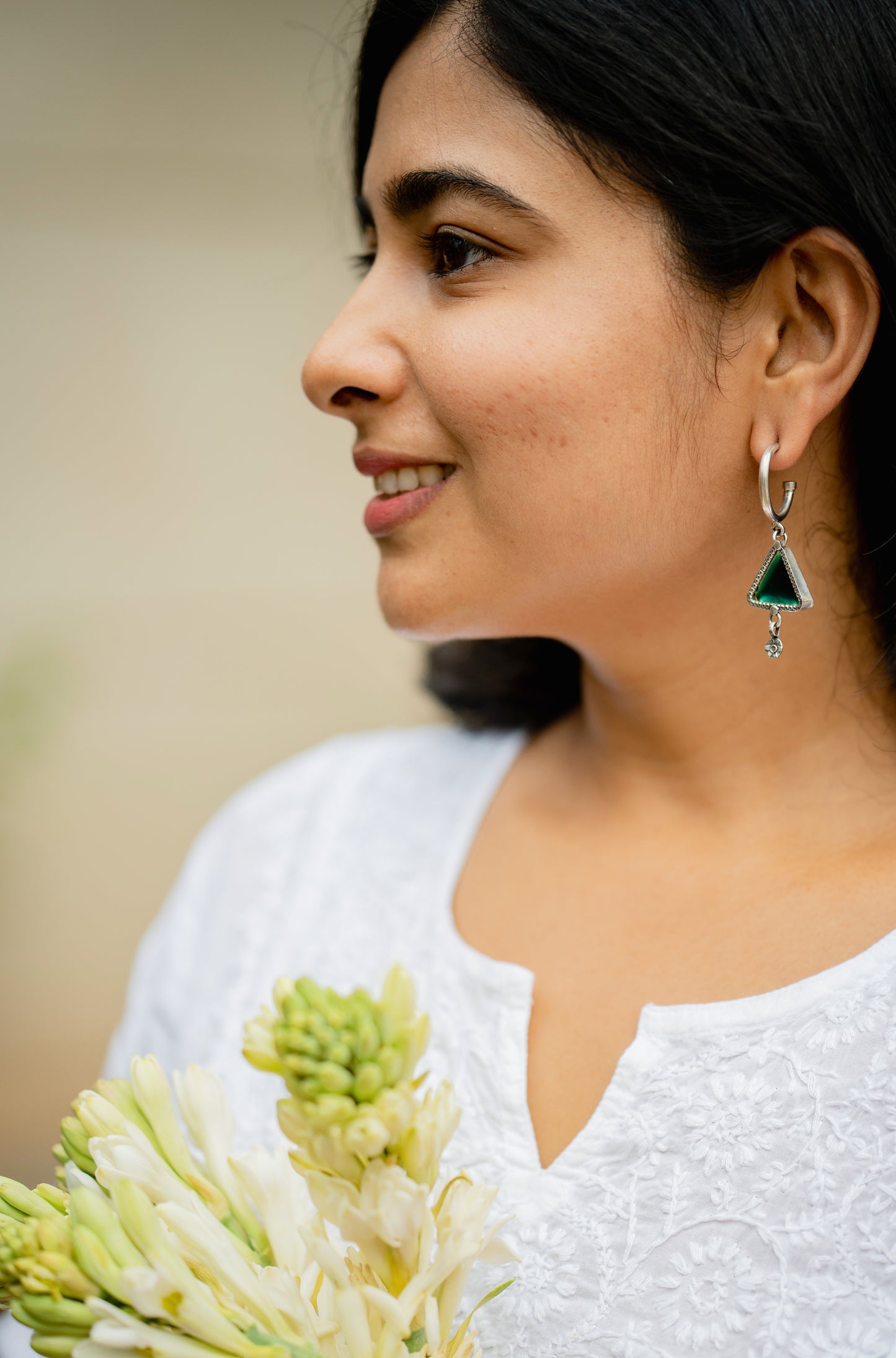 Small hoops with Green glass enamel - 925 Silver
