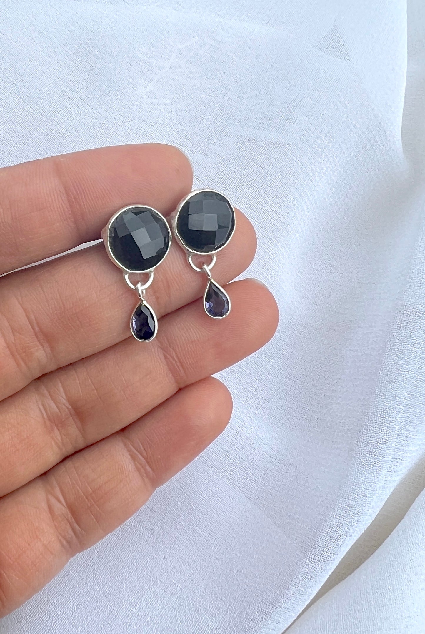 Black Onyx Studs with a small Amethyst drop - 925 Silver