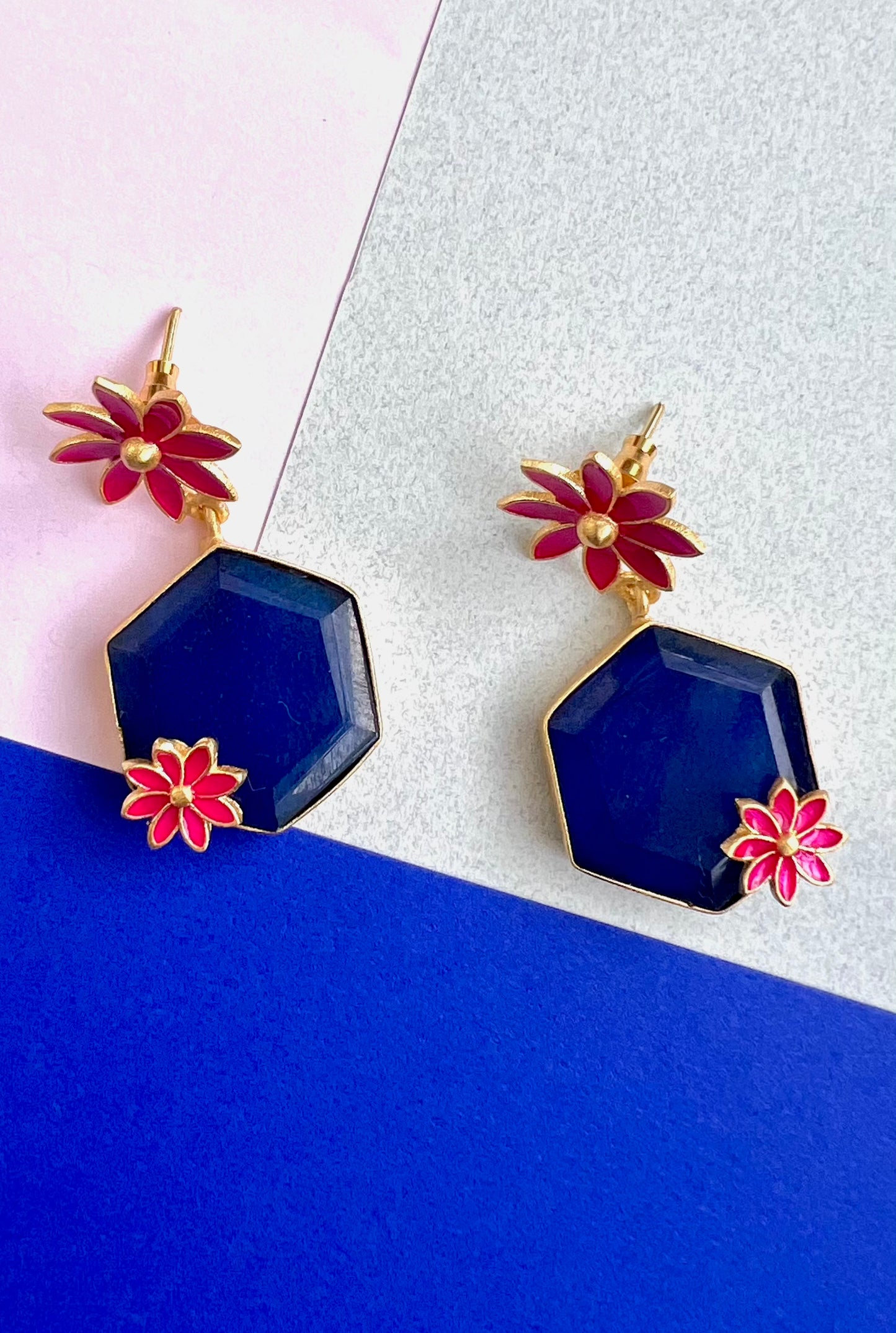 Hexagon Drops with Enamel Flowers